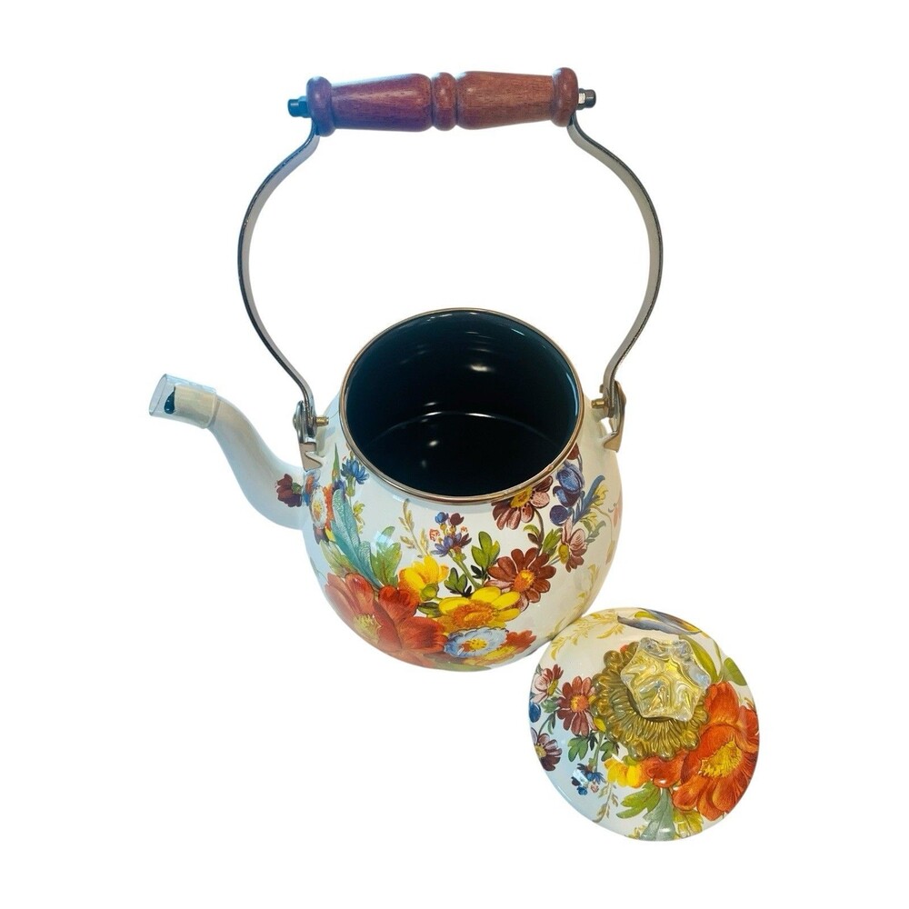 Mackenzie Childs Enamel White Flower Market 2 Quart Tea Pot Kettle - Picture 5 of 6